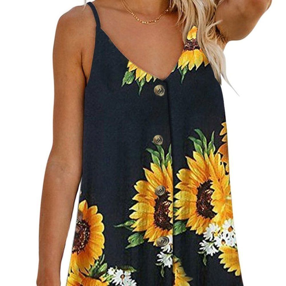 NWT Black Sunflower Pattern Buttoned Slip Cami Dress